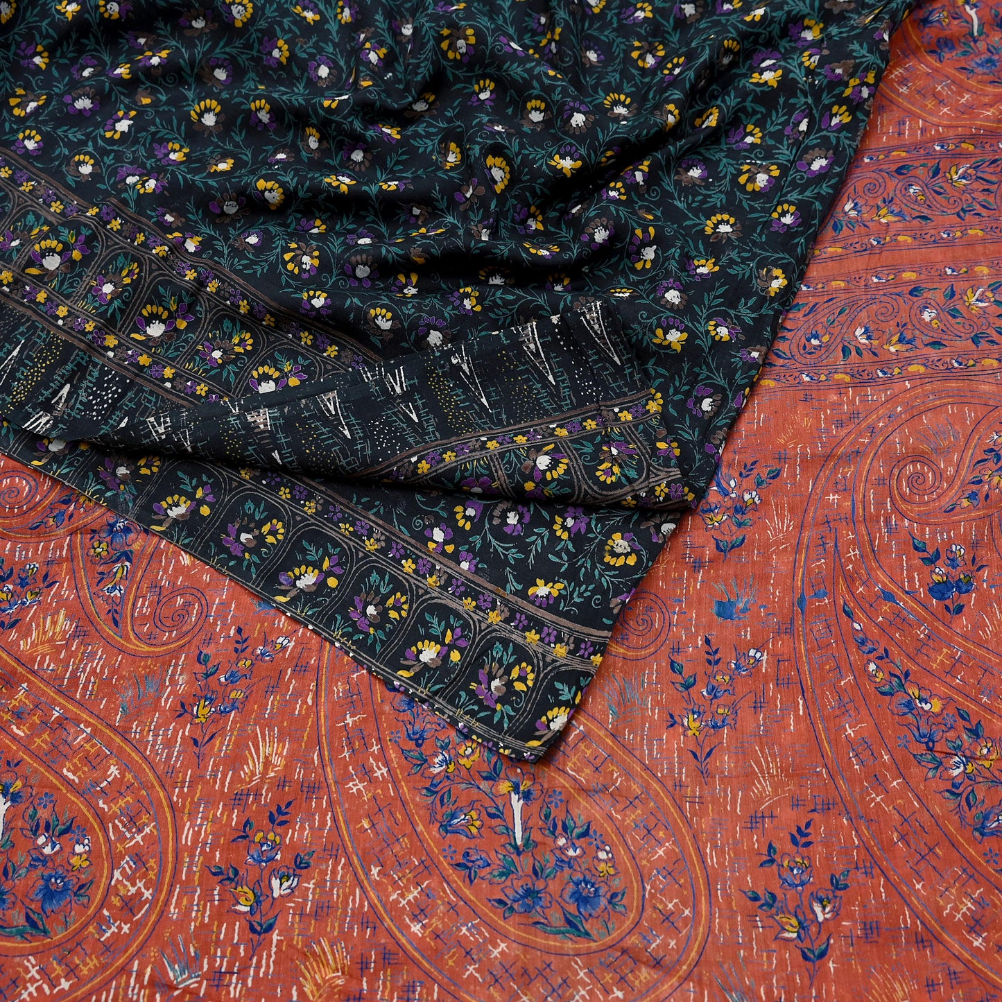 Indian Vintage Sari Orange & Black Printed Pure Cotton Sarees Fabric Floral 5Yd Sarong Wrap Boho Fabric Kimono Dress making Crafting