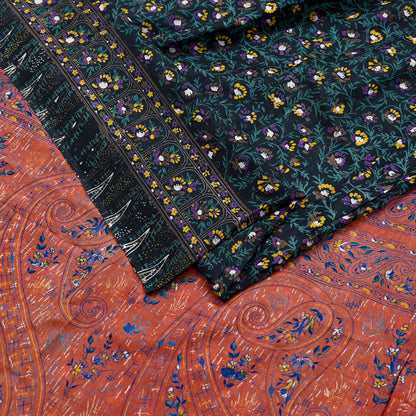 Indian Vintage Sari Orange & Black Printed Pure Cotton Sarees Fabric Floral 5Yd Sarong Wrap Boho Fabric Kimono Dress making Crafting