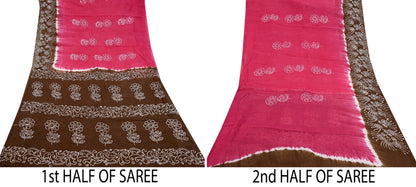 Indian Vintage Sari Pink & Brown Batik Printed Saree 100% Pure Cotton 5Yd Craft Fabric Sewing Sarong Wrap Boho Quilting Dress Making
