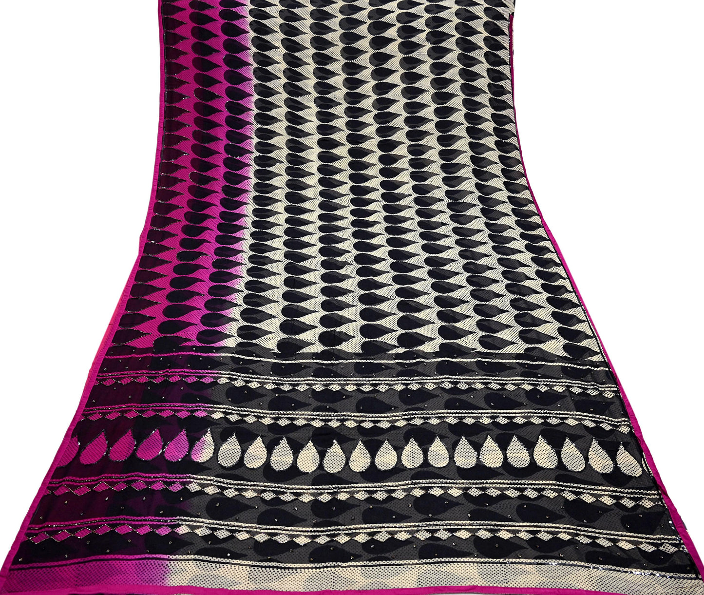 Indian Vintage Sari White & Black Hand Embroidered Printed Pure Georgette Silk Sari Saree Fabric 6Yd Sequins