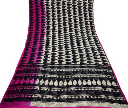 Indian Vintage Sari White & Black Hand Embroidered Printed Pure Georgette Silk Sari Saree Fabric 6Yd Sequins