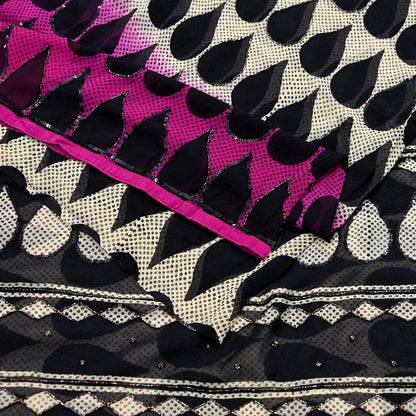 Indian Vintage Sari White & Black Hand Embroidered Printed Pure Georgette Silk Sari Saree Fabric 6Yd Sequins