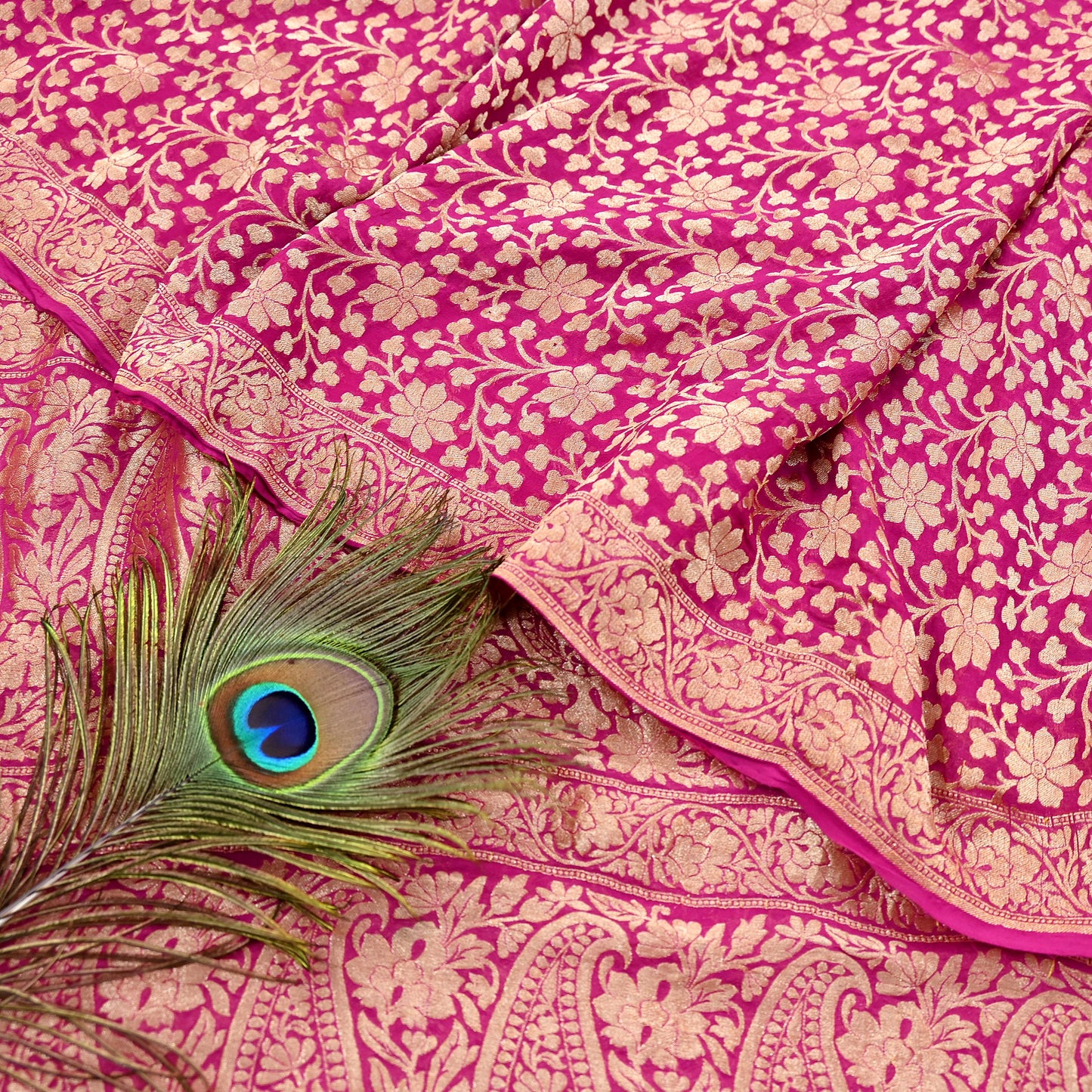 Antique Vintage Magenta Saree Pure Georgette Silk Hand Woven Banarasi Sari Craft Fabric 5Yd Sewing Soft Ethnic Zari Dress Making