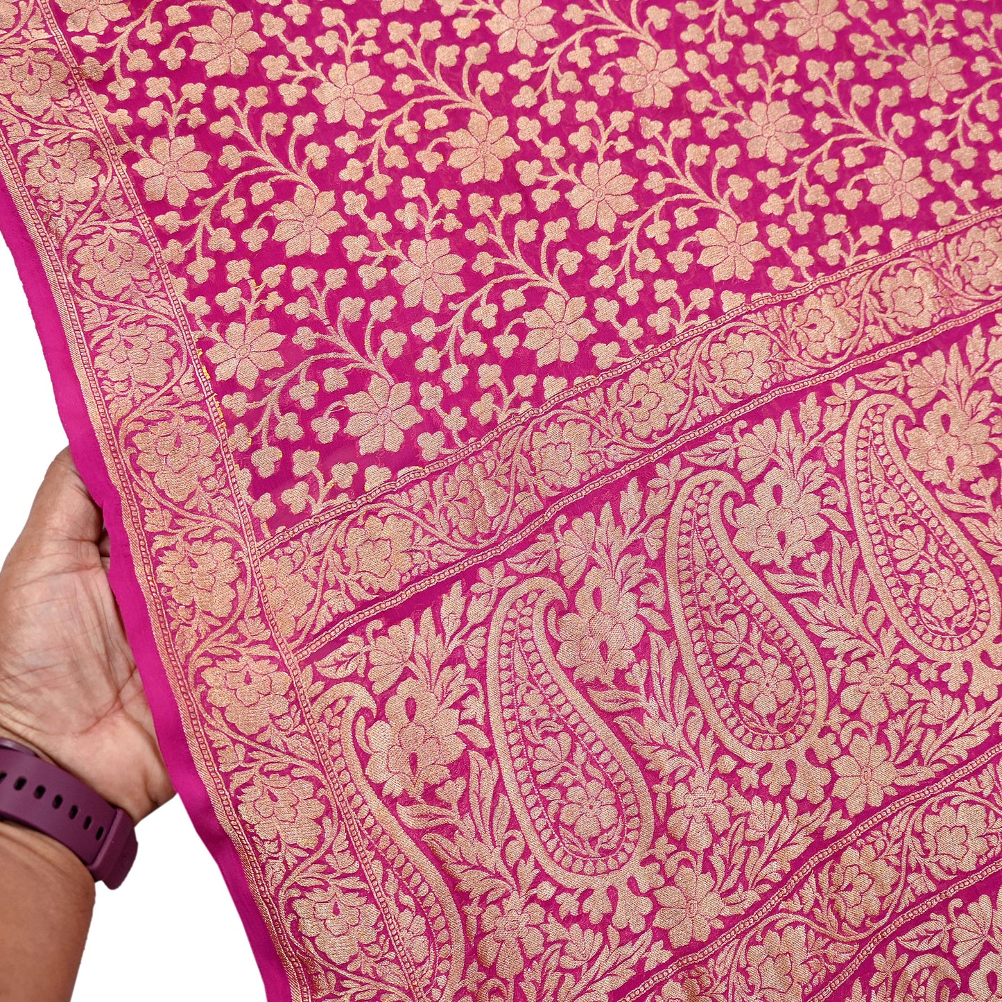 Antique Vintage Magenta Saree Pure Georgette Silk Hand Woven Banarasi Sari Craft Fabric 5Yd Sewing Soft Ethnic Zari Dress Making