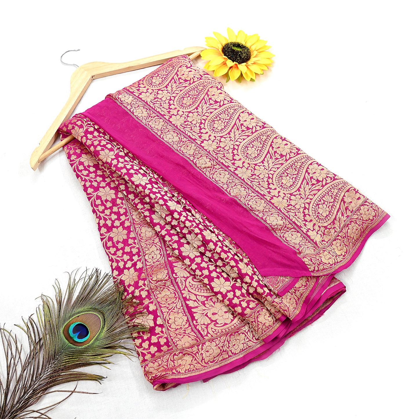 Antique Vintage Magenta Saree Pure Georgette Silk Hand Woven Banarasi Sari Craft Fabric 5Yd Sewing Soft Ethnic Zari Dress Making