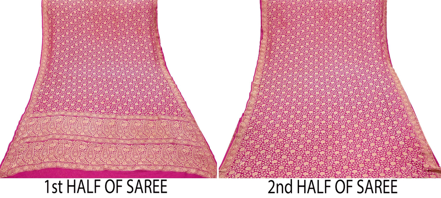 Antique Vintage Magenta Saree Pure Georgette Silk Hand Woven Banarasi Sari Craft Fabric 5Yd Sewing Soft Ethnic Zari Dress Making