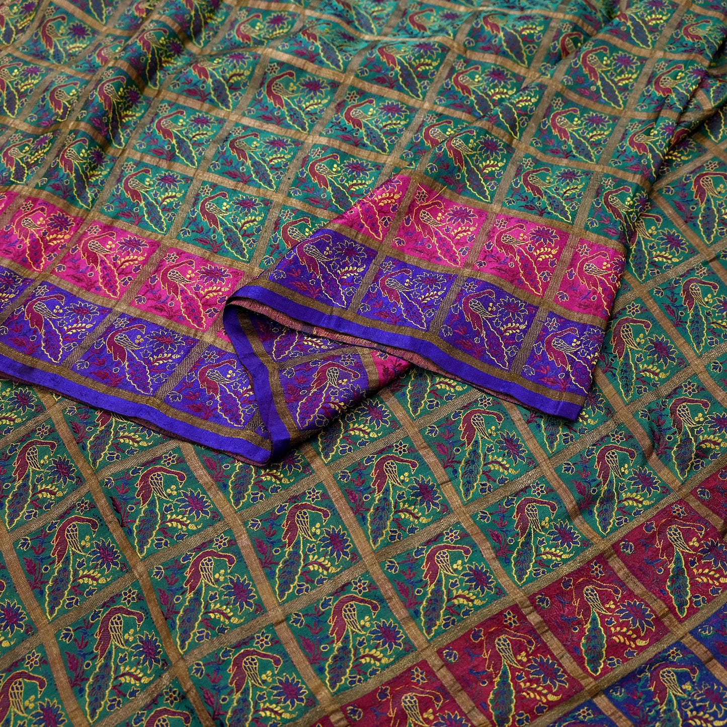 Indian Antique Vintage Sari Green Heavy Wedding  Pure Silk Hand Woven Gharchola Brocade Sarees Zari 5Yd Craft Fabric Dress Making Crafting