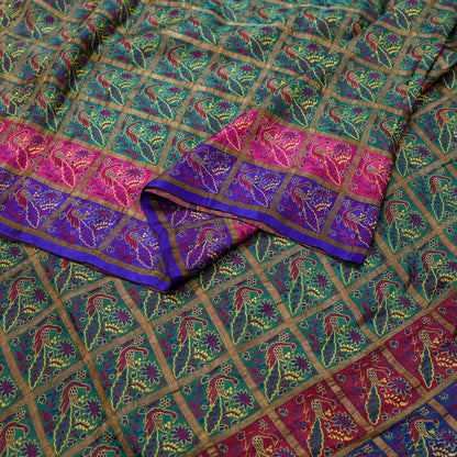 Indian Antique Vintage Sari Green Heavy Wedding  Pure Silk Hand Woven Gharchola Brocade Sarees Zari 5Yd Craft Fabric Dress Making Crafting