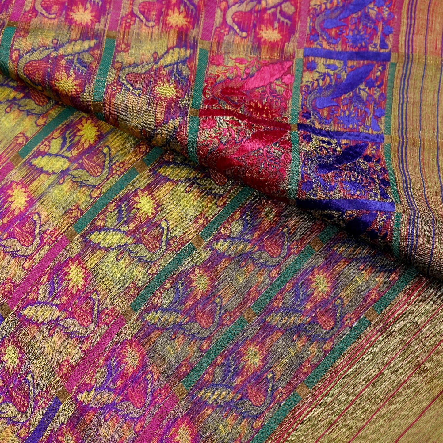 Indian Antique Vintage Sari Green Heavy Wedding  Pure Silk Hand Woven Gharchola Brocade Sarees Zari 5Yd Craft Fabric Dress Making Crafting