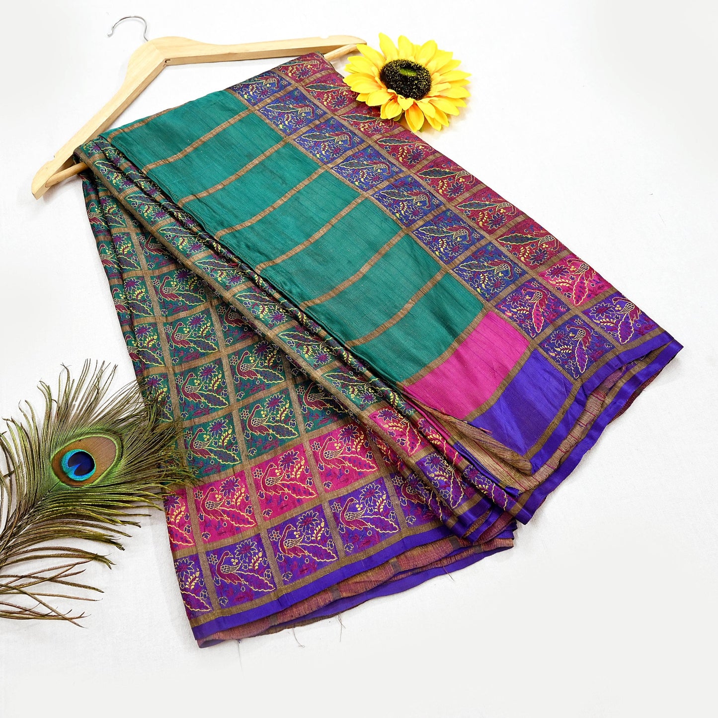 Indian Antique Vintage Sari Green Heavy Wedding  Pure Silk Hand Woven Gharchola Brocade Sarees Zari 5Yd Craft Fabric Dress Making Crafting