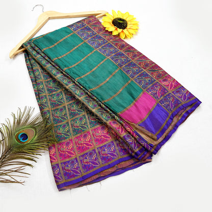 Indian Antique Vintage Sari Green Heavy Wedding  Pure Silk Hand Woven Gharchola Brocade Sarees Zari 5Yd Craft Fabric Dress Making Crafting