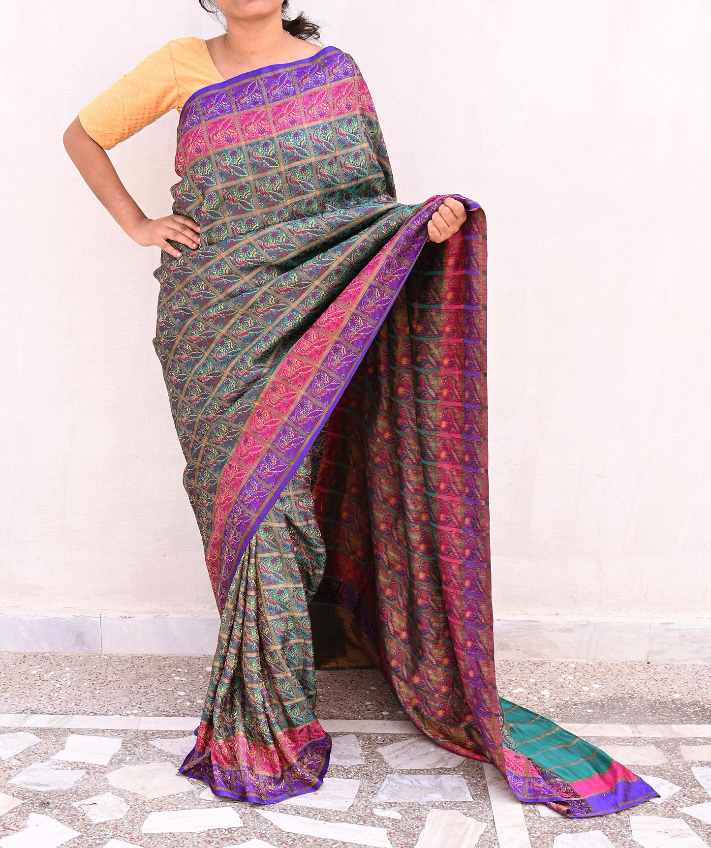 Indian Antique Vintage Sari Green Heavy Wedding  Pure Silk Hand Woven Gharchola Brocade Sarees Zari 5Yd Craft Fabric Dress Making Crafting