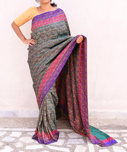 Indian Antique Vintage Sari Green Heavy Wedding  Pure Silk Hand Woven Gharchola Brocade Sarees Zari 5Yd Craft Fabric Dress Making Crafting