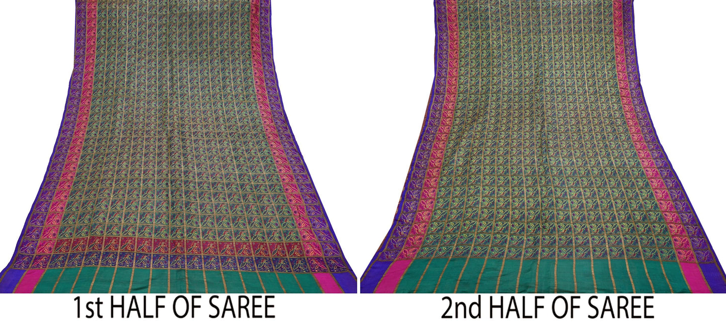 Indian Antique Vintage Sari Green Heavy Wedding  Pure Silk Hand Woven Gharchola Brocade Sarees Zari 5Yd Craft Fabric Dress Making Crafting