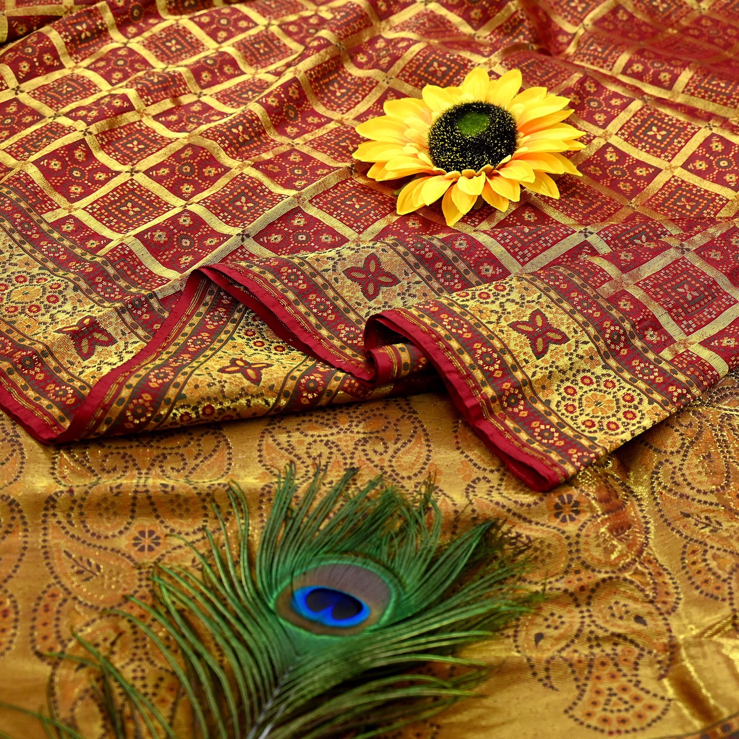 Indian Vintage Sari Maroon Heavy Wedding Pure Silk Hand Woven Gharchola Sarees Zari 5Yd Craft Fabric Dress Making Crafting Quilting