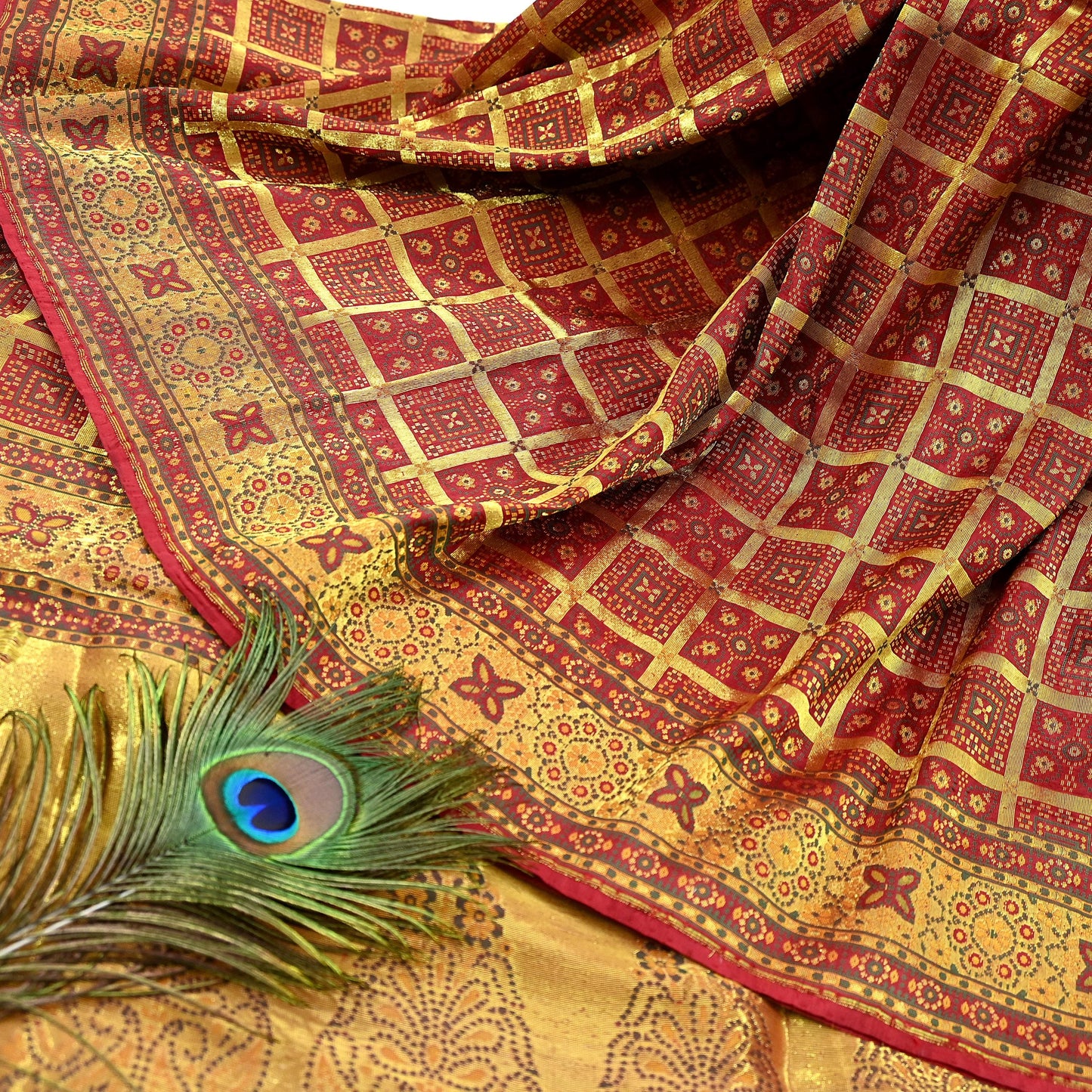 Indian Vintage Sari Maroon Heavy Wedding Pure Silk Hand Woven Gharchola Sarees Zari 5Yd Craft Fabric Dress Making Crafting Quilting