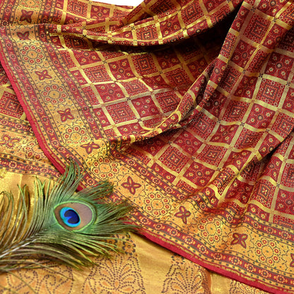 Indian Vintage Sari Maroon Heavy Wedding Pure Silk Hand Woven Gharchola Sarees Zari 5Yd Craft Fabric Dress Making Crafting Quilting