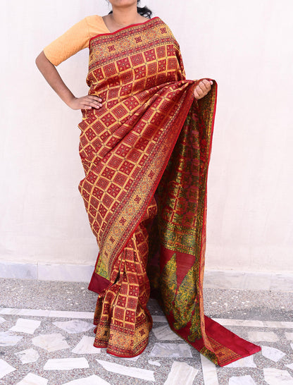 Indian Vintage Sari Maroon Heavy Wedding Pure Silk Hand Woven Gharchola Sarees Zari 5Yd Craft Fabric Dress Making Crafting Quilting