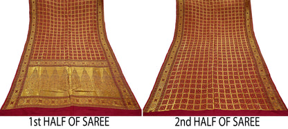 Indian Vintage Sari Maroon Heavy Wedding Pure Silk Hand Woven Gharchola Sarees Zari 5Yd Craft Fabric Dress Making Crafting Quilting