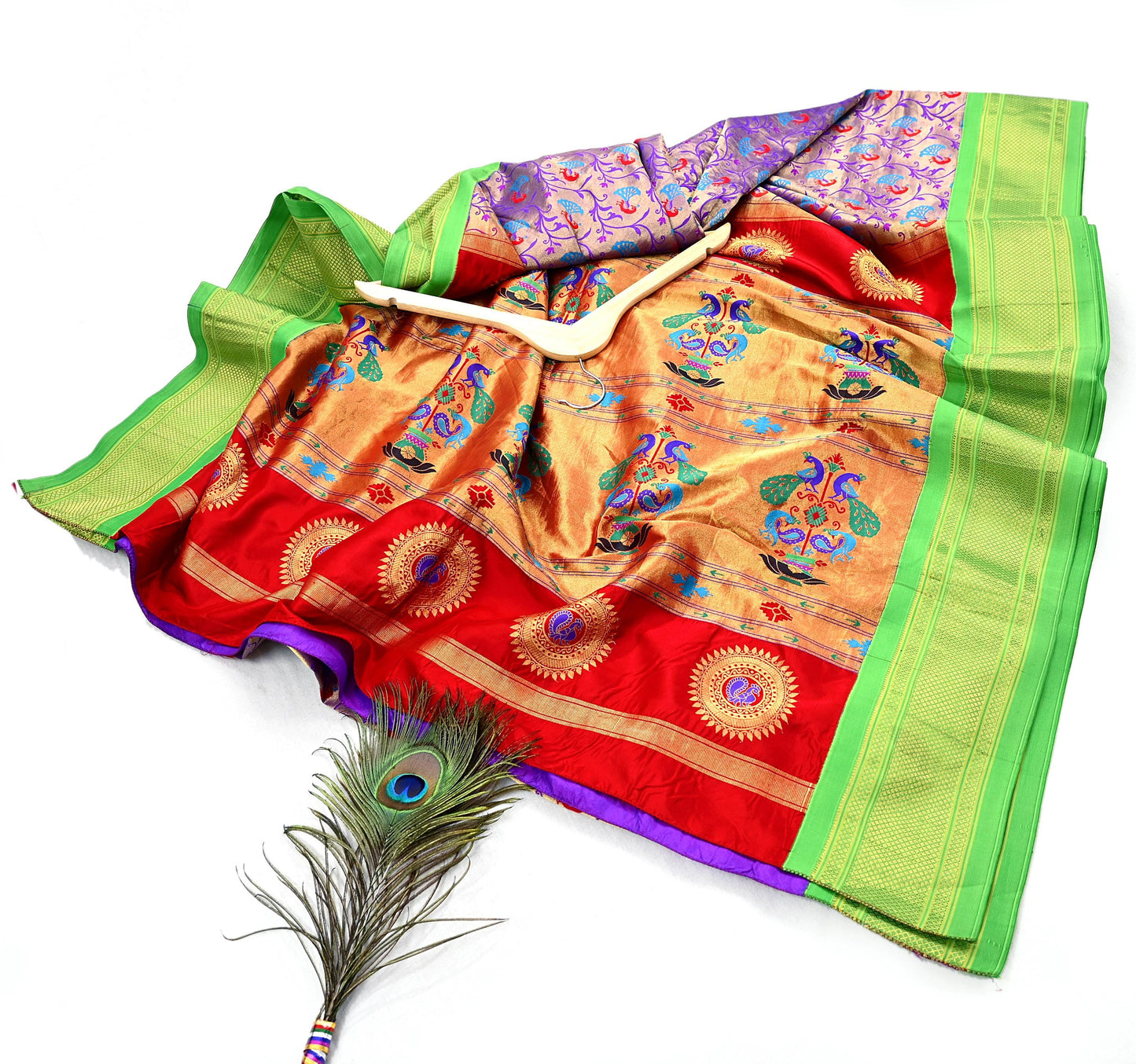 Indian Vintage Sari Pure Silk 100% Metallic Golden Zari Hand Woven Paithani sarees Wedding Wear pre-owned Bridal silk sarees Peacock