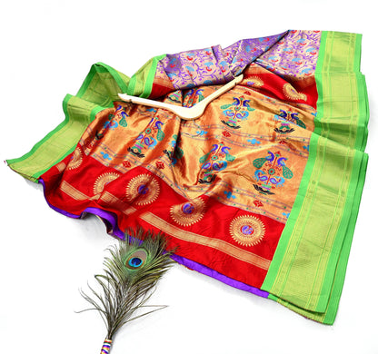 Indian Vintage Sari Pure Silk 100% Metallic Golden Zari Hand Woven Paithani sarees Wedding Wear pre-owned Bridal silk sarees Peacock