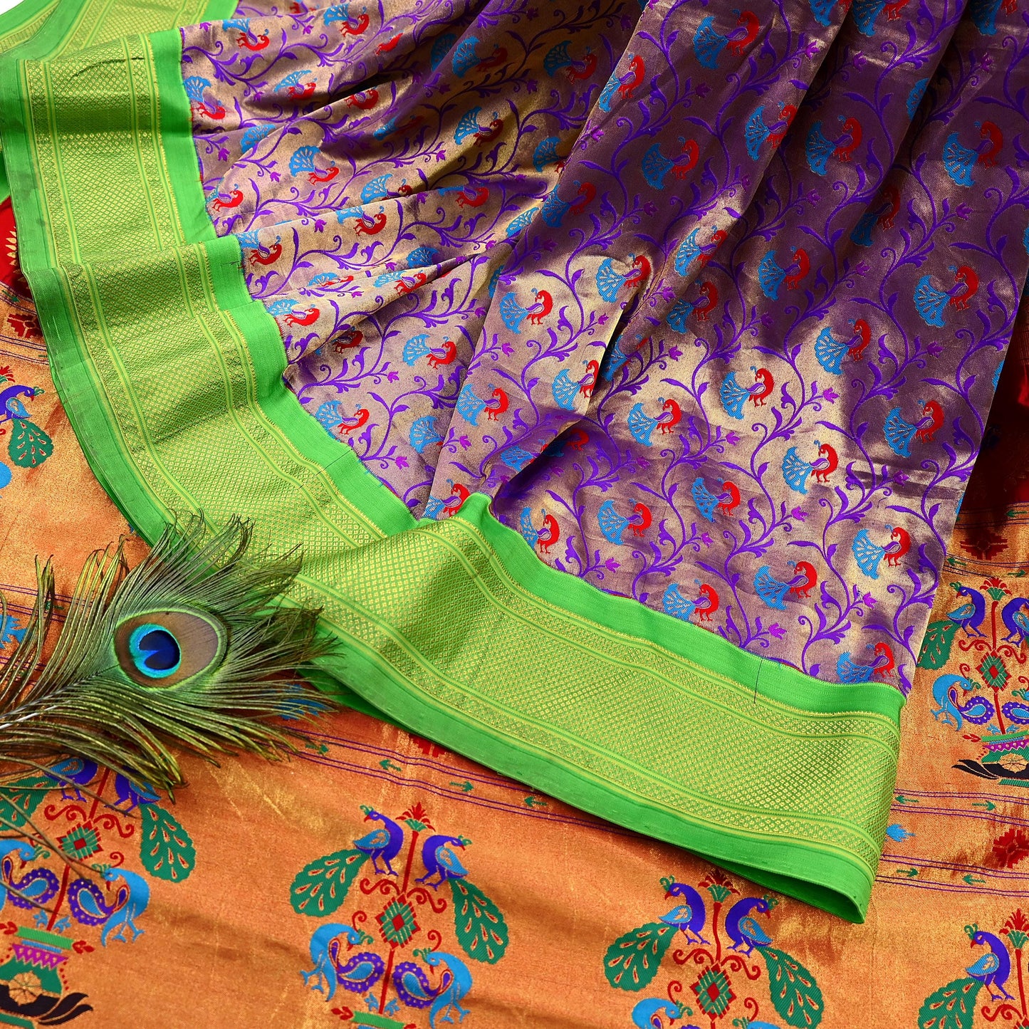 Indian Vintage Sari Pure Silk 100% Metallic Golden Zari Hand Woven Paithani sarees Wedding Wear pre-owned Bridal silk sarees Peacock