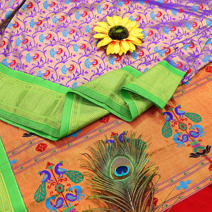 Indian Vintage Sari Pure Silk 100% Metallic Golden Zari Hand Woven Paithani sarees Wedding Wear pre-owned Bridal silk sarees Peacock