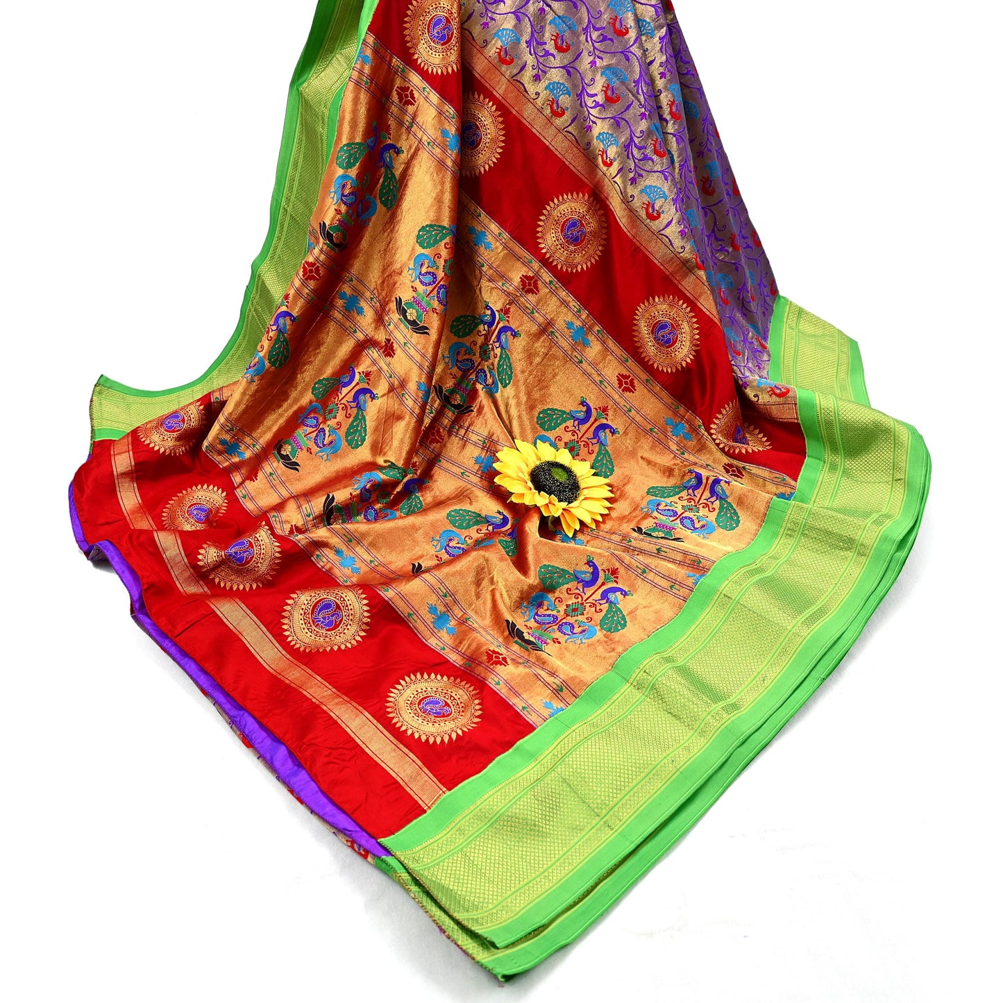 Indian Vintage Sari Pure Silk 100% Metallic Golden Zari Hand Woven Paithani sarees Wedding Wear pre-owned Bridal silk sarees Peacock