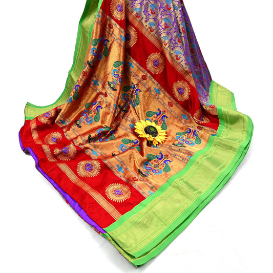 Indian Vintage Sari Pure Silk 100% Metallic Golden Zari Hand Woven Paithani sarees Wedding Wear pre-owned Bridal silk sarees Peacock