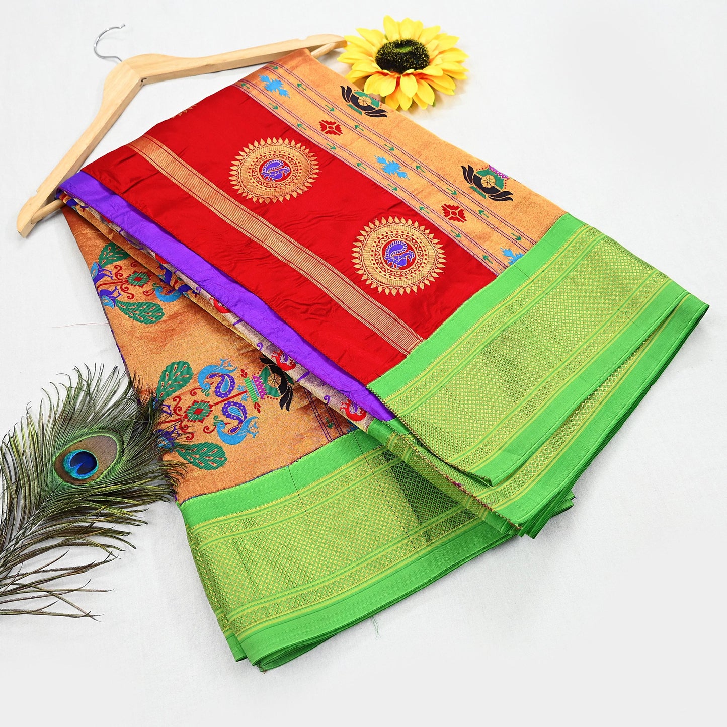 Indian Vintage Sari Pure Silk 100% Metallic Golden Zari Hand Woven Paithani sarees Wedding Wear pre-owned Bridal silk sarees Peacock