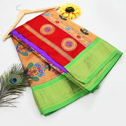 Indian Vintage Sari Pure Silk 100% Metallic Golden Zari Hand Woven Paithani sarees Wedding Wear pre-owned Bridal silk sarees Peacock