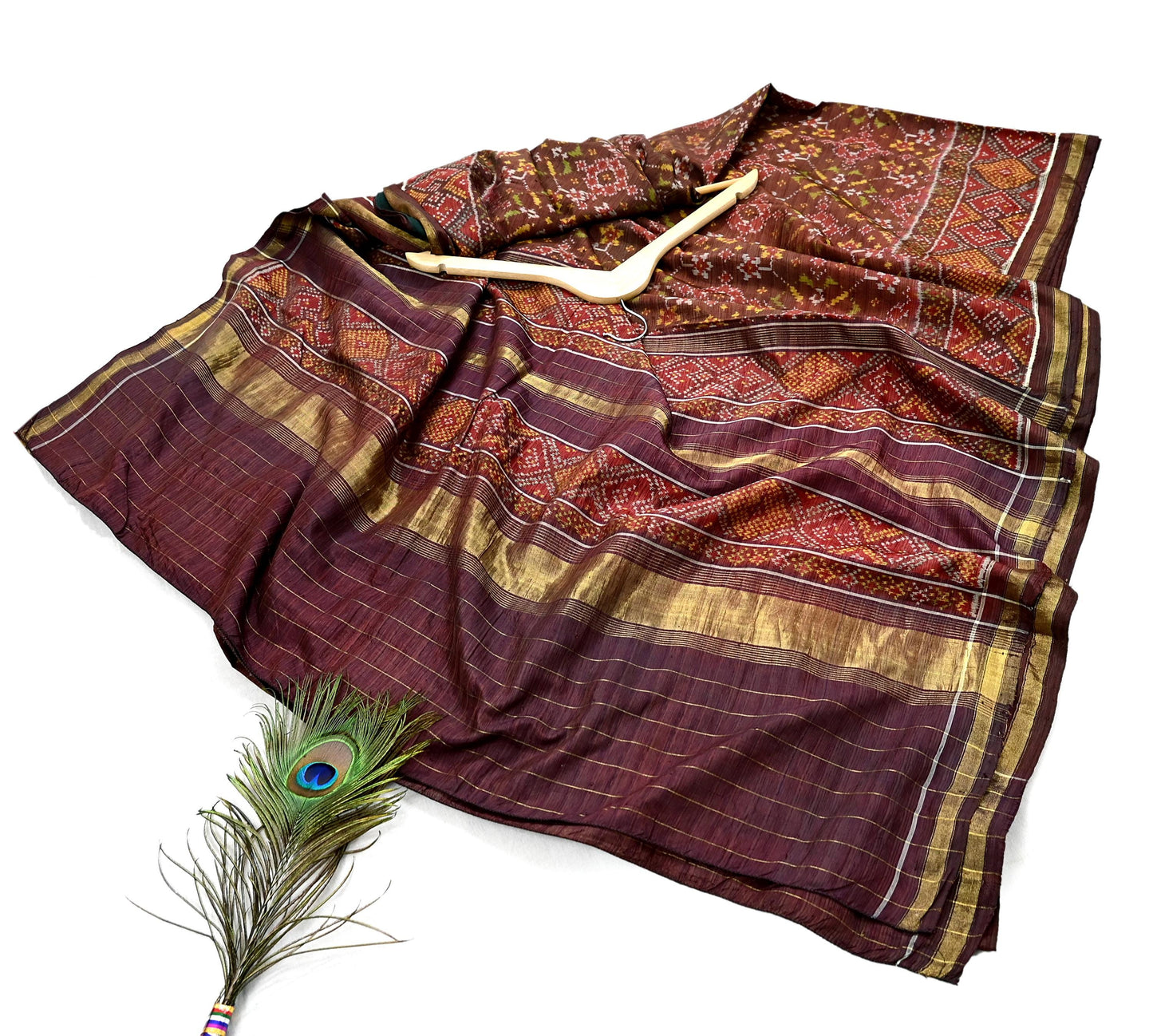 Indian Antique Vintage Brown Hand Woven Double Ikat Patola Sarees 100% Pure Silk Craft Fabric 5Yd Dress Making Sewing For wearing