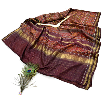 Indian Antique Vintage Brown Hand Woven Double Ikat Patola Sarees 100% Pure Silk Craft Fabric 5Yd Dress Making Sewing For wearing