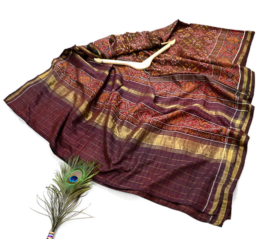 Indian Antique Vintage Brown Hand Woven Double Ikat Patola Sarees 100% Pure Silk Craft Fabric 5Yd Dress Making Sewing For wearing