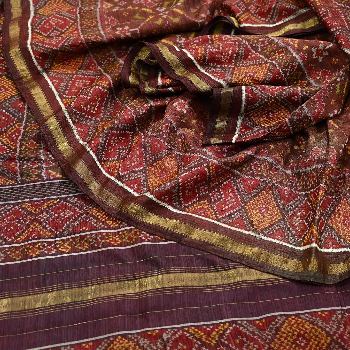 Indian Antique Vintage Brown Hand Woven Double Ikat Patola Sarees 100% Pure Silk Craft Fabric 5Yd Dress Making Sewing For wearing