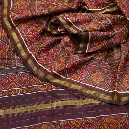 Indian Antique Vintage Brown Hand Woven Double Ikat Patola Sarees 100% Pure Silk Craft Fabric 5Yd Dress Making Sewing For wearing