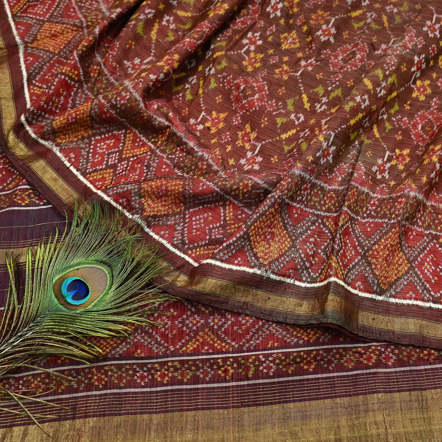 Indian Antique Vintage Brown Hand Woven Double Ikat Patola Sarees 100% Pure Silk Craft Fabric 5Yd Dress Making Sewing For wearing