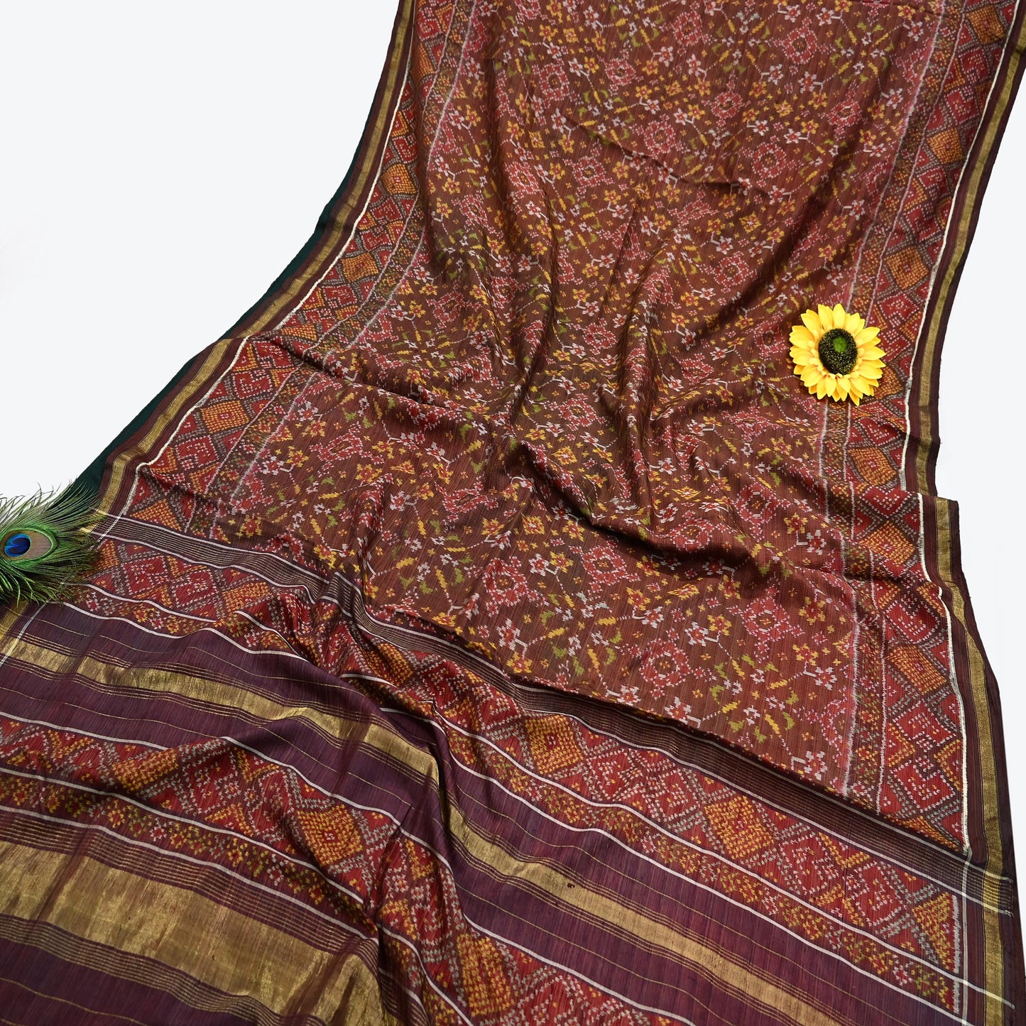 Indian Antique Vintage Brown Hand Woven Double Ikat Patola Sarees 100% Pure Silk Craft Fabric 5Yd Dress Making Sewing For wearing