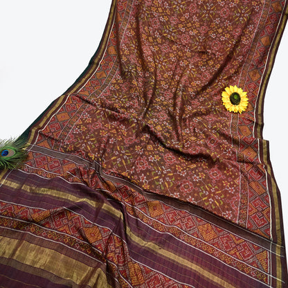 Indian Antique Vintage Brown Hand Woven Double Ikat Patola Sarees 100% Pure Silk Craft Fabric 5Yd Dress Making Sewing For wearing