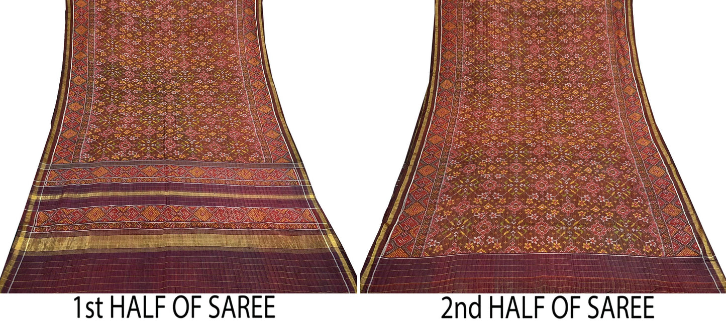 Indian Antique Vintage Brown Hand Woven Double Ikat Patola Sarees 100% Pure Silk Craft Fabric 5Yd Dress Making Sewing For wearing