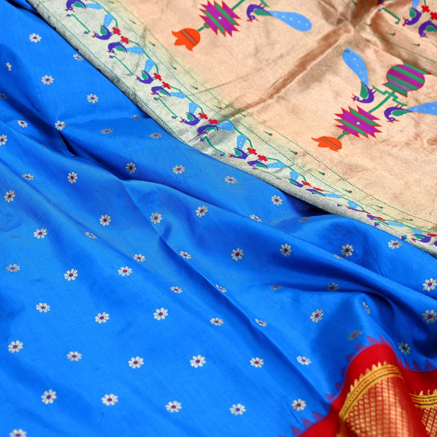 Indian Vintage Dupatta Blue & Red Artificial Silk Long Stole Hand Woven Paithani Scarves Veil Golden Zari Soft Peacock Design