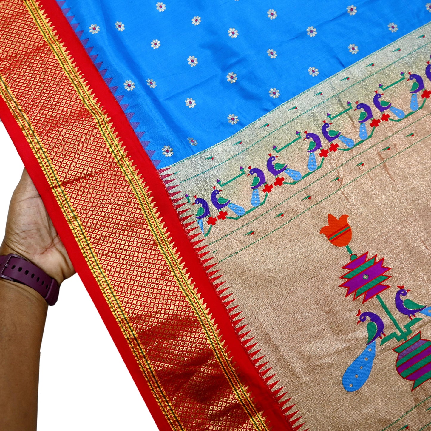 Indian Vintage Dupatta Blue & Red Artificial Silk Long Stole Hand Woven Paithani Scarves Veil Golden Zari Soft Peacock Design