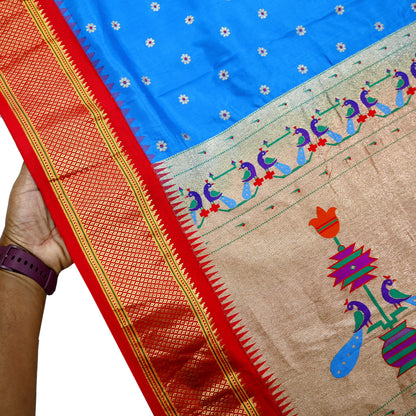 Indian Vintage Dupatta Blue & Red Artificial Silk Long Stole Hand Woven Paithani Scarves Veil Golden Zari Soft Peacock Design