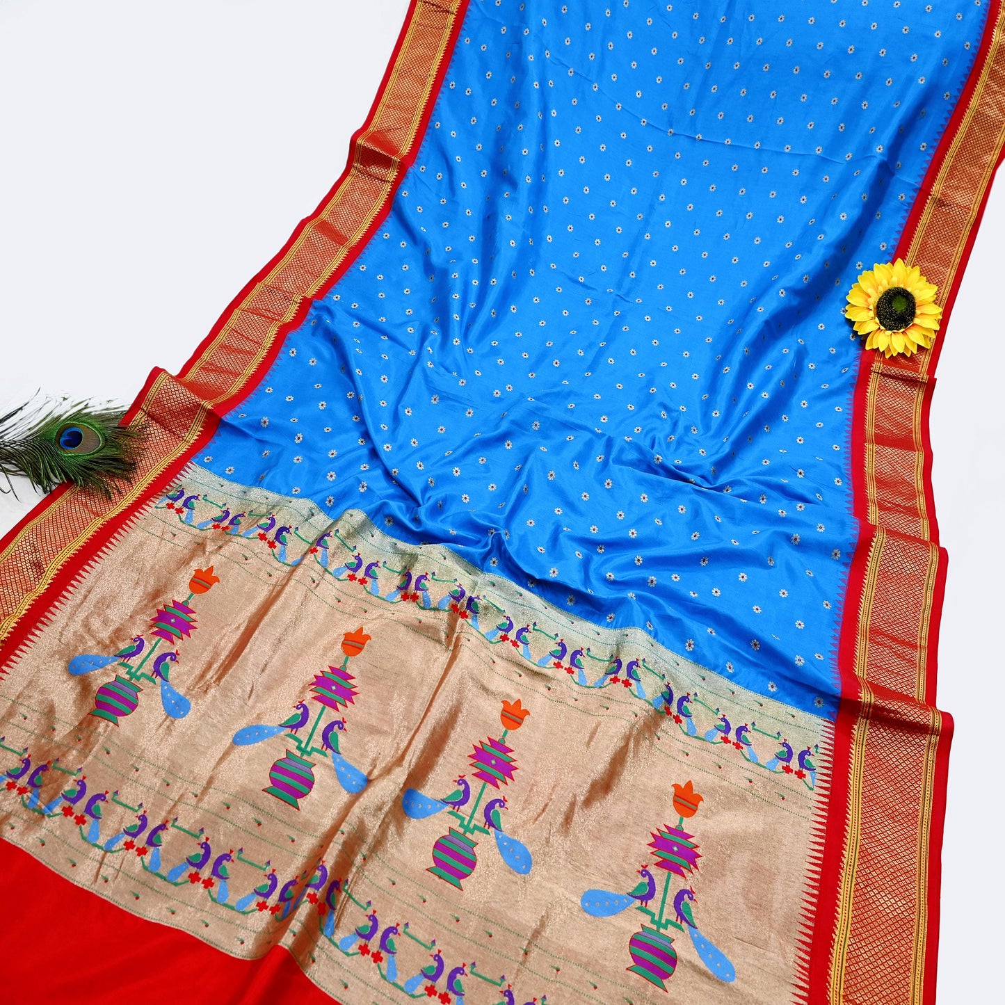Indian Vintage Dupatta Blue & Red Artificial Silk Long Stole Hand Woven Paithani Scarves Veil Golden Zari Soft Peacock Design