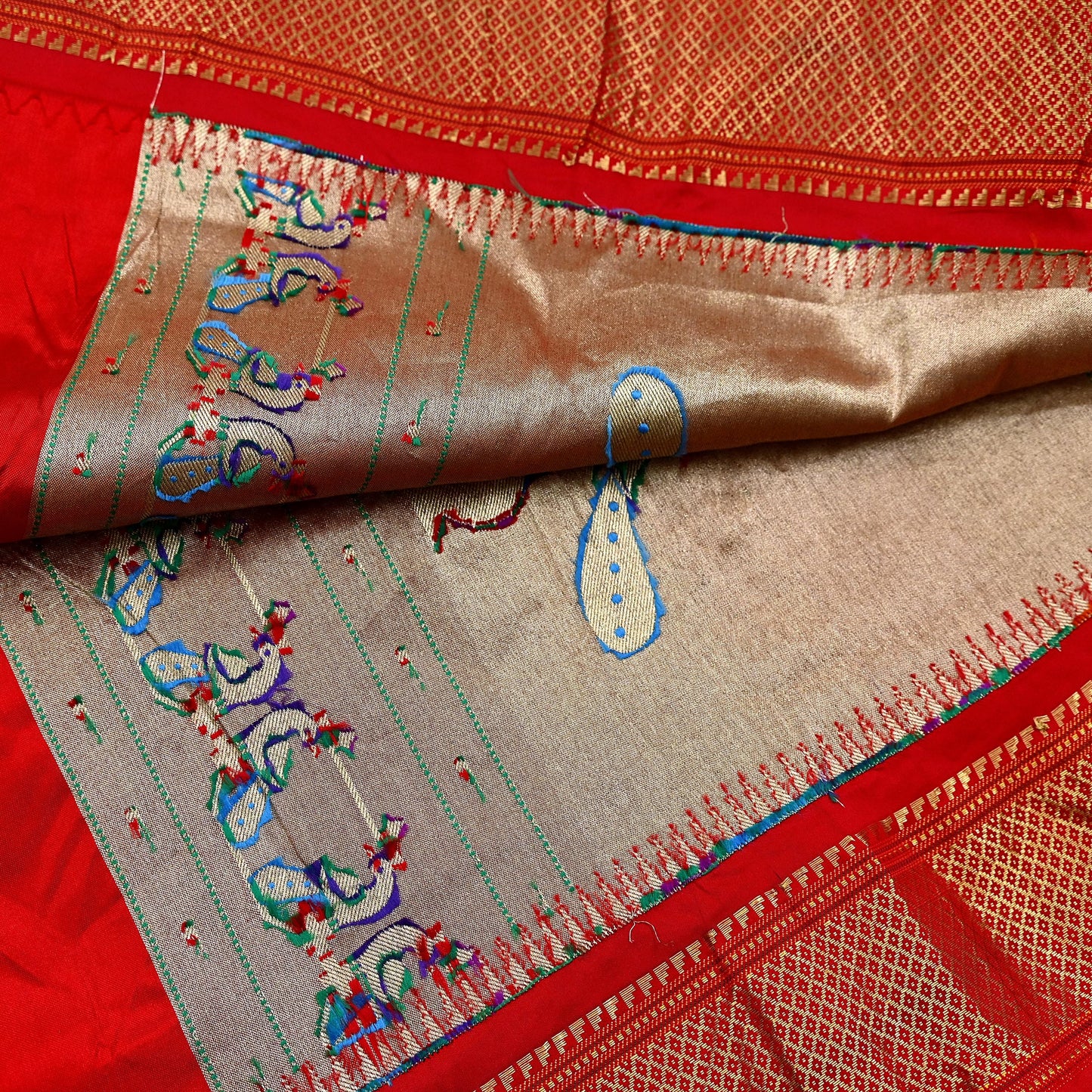 Indian Vintage Dupatta Blue & Red Artificial Silk Long Stole Hand Woven Paithani Scarves Veil Golden Zari Soft Peacock Design