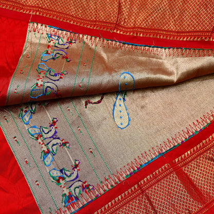 Indian Vintage Dupatta Blue & Red Artificial Silk Long Stole Hand Woven Paithani Scarves Veil Golden Zari Soft Peacock Design