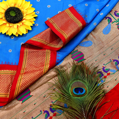 Indian Vintage Dupatta Blue & Red Artificial Silk Long Stole Hand Woven Paithani Scarves Veil Golden Zari Soft Peacock Design