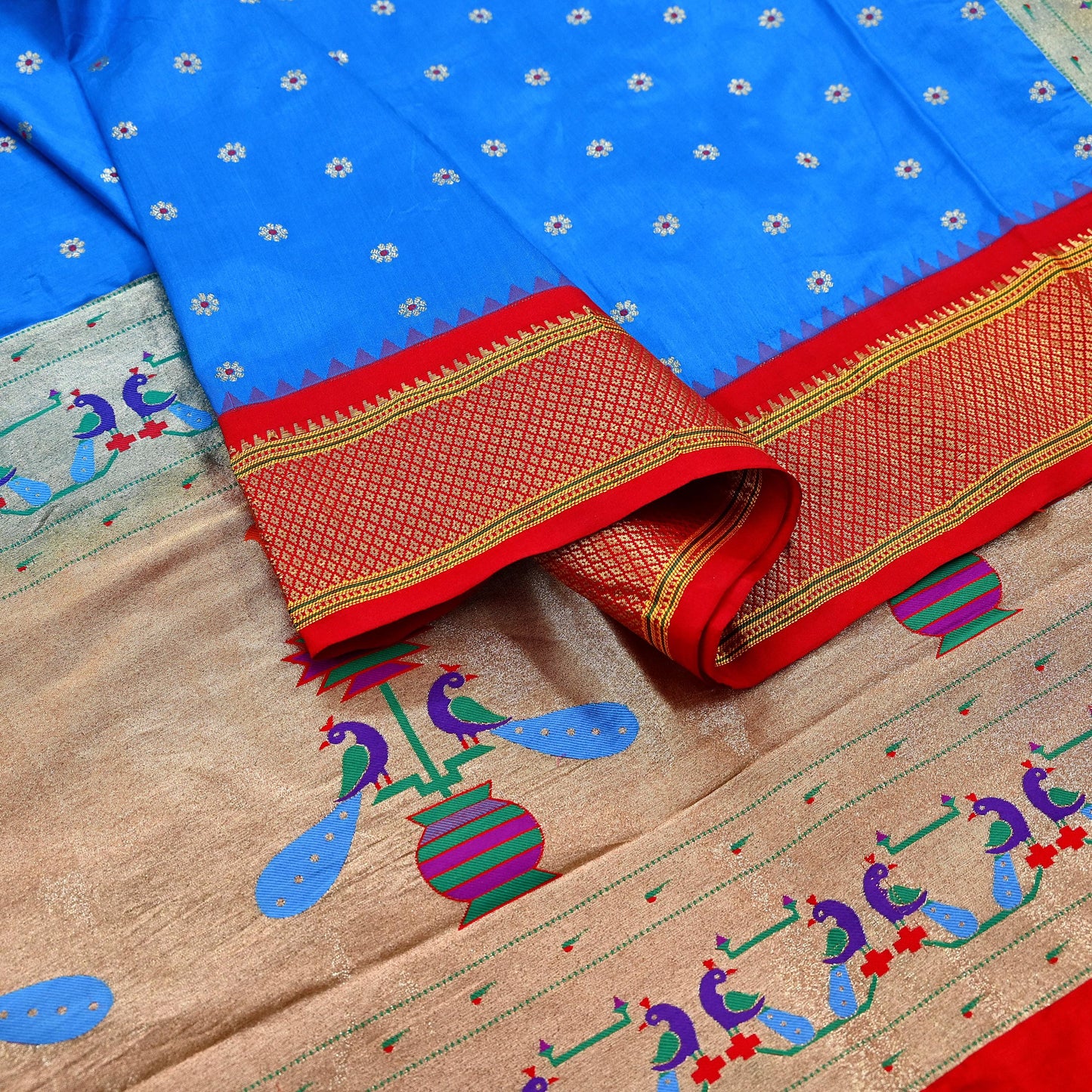Indian Vintage Dupatta Blue & Red Artificial Silk Long Stole Hand Woven Paithani Scarves Veil Golden Zari Soft Peacock Design