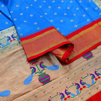 Indian Vintage Dupatta Blue & Red Artificial Silk Long Stole Hand Woven Paithani Scarves Veil Golden Zari Soft Peacock Design