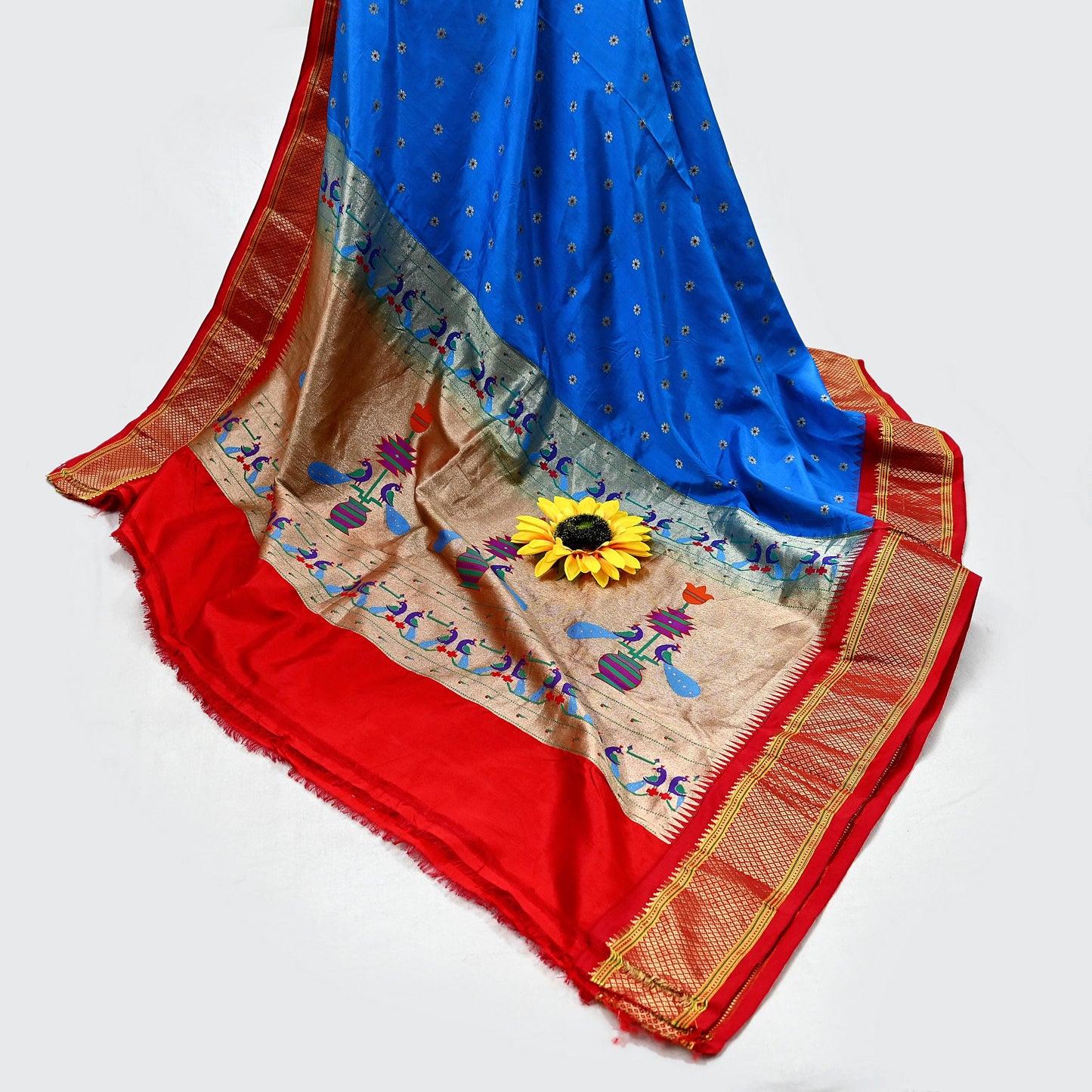 Indian Vintage Dupatta Blue & Red Artificial Silk Long Stole Hand Woven Paithani Scarves Veil Golden Zari Soft Peacock Design
